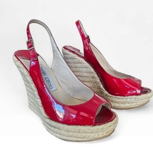 JIMMY CHOO Red Patent Leather Platform Espadrille Slingback Wedge Sandals 36/6